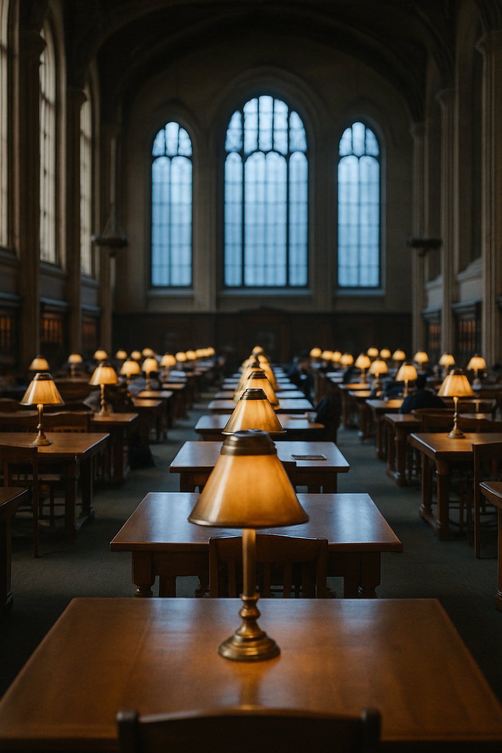 A grand university library reading room with brass lamps and arched windows