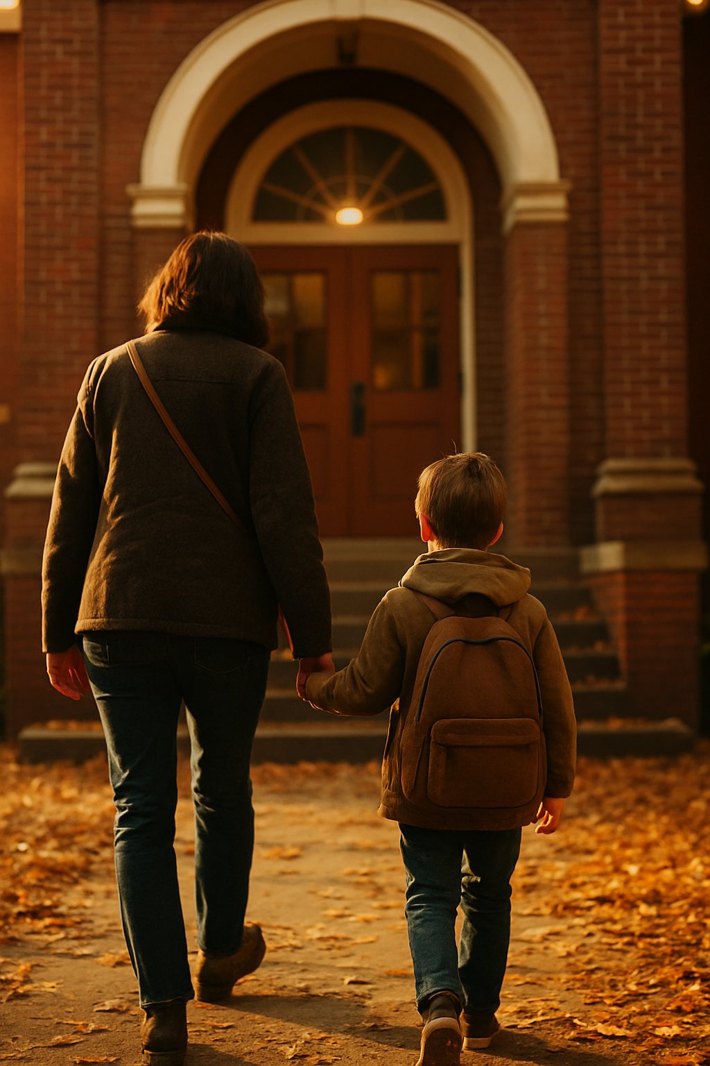 A parent and child walking hand in hand toward a red-brick schoolhouse door