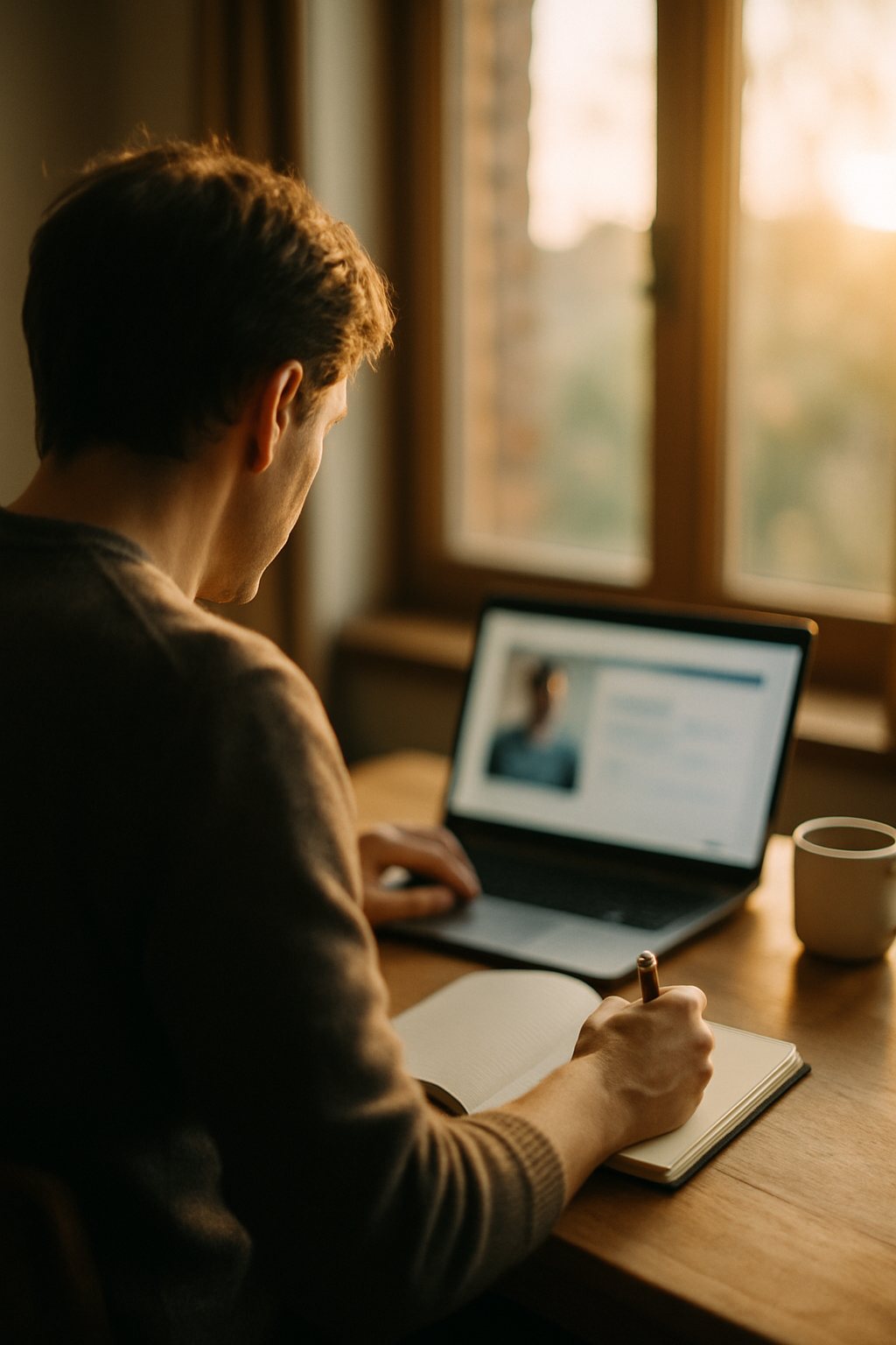 An adult learner taking an online course at a sunlit wooden desk
